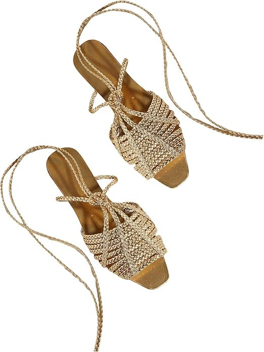 GORGLITTER Women's Metallic Braided Lace Up Flat Sandals Criss Cross Strappy Square Open Toe Slid... | Amazon (CA)