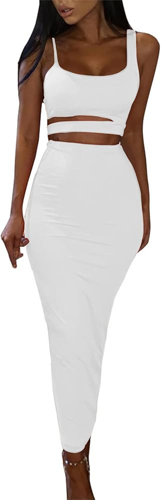 PRIMODA Women's Sexy Asymmetrical Spaghetti Strap Dress Square Neck Sleeveless Bodycon Midi Club ... | Amazon (US)