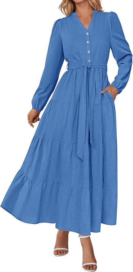 PRETTYGARDEN Maxi Dresses for Women Spring Long Sleeve V Neck Belted A Line Flowy Boho Wedding Gu... | Amazon (US)