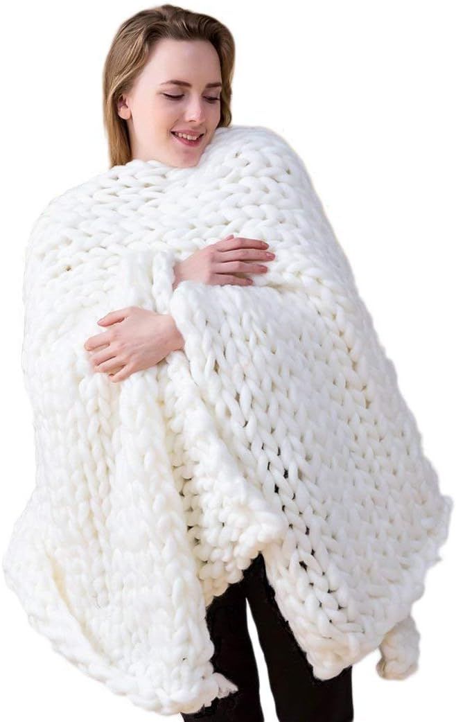 Chunky Knit Blanket Hand Made Merino Wool Throw Boho Bedroom Sofa Home Decor Giant Yarn(White 40"... | Amazon (US)