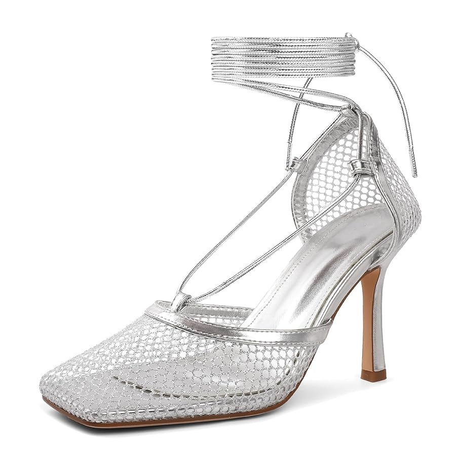 SAMMITOP Women's Square Toe Mesh Lace Up Strappy Sexy Heels Sandals Stiletto High Heel Closed Toe... | Amazon (US)