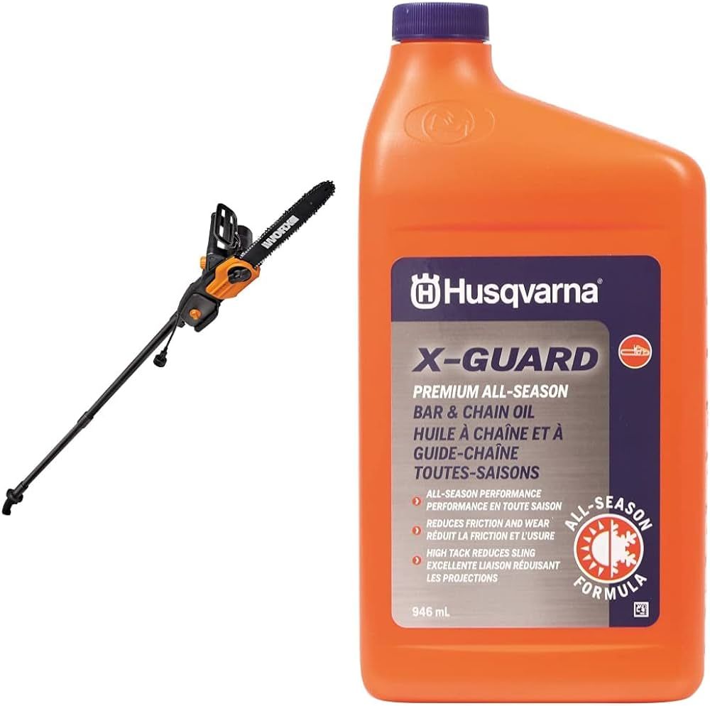 WORX WG309 8 Amp 10" Electric Pole Saw and Husqvarna 593272001 X-GUARD Bar & Chain Oil, Grey | Amazon (US)