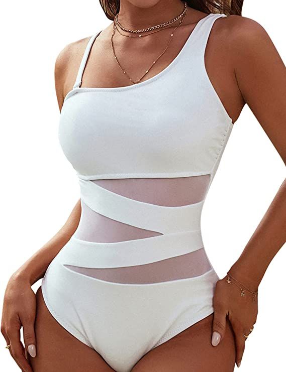 Blooming Jelly Women's Sexy One Piece Bathing Suits One Shoulder Swimsuits Slimming Mesh Swimwear | Amazon (US)