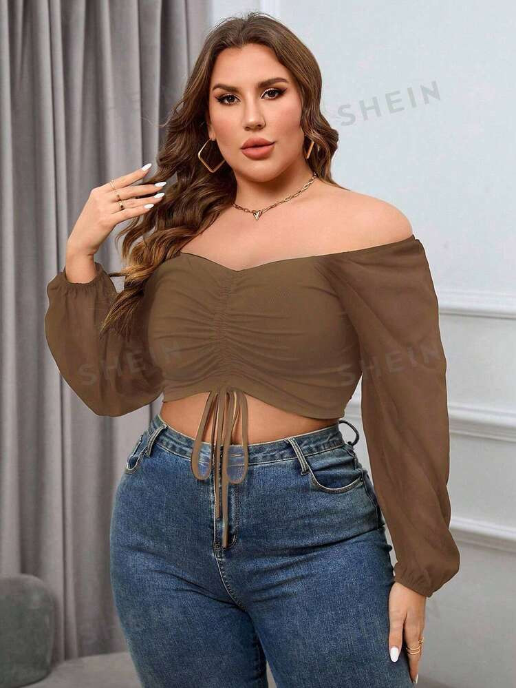 SHEIN Essnce Plus Size Women Solid Color Fashionable Off-Shoulder Lantern Sleeve Drawstring Cropped Stylish Top | SHEIN