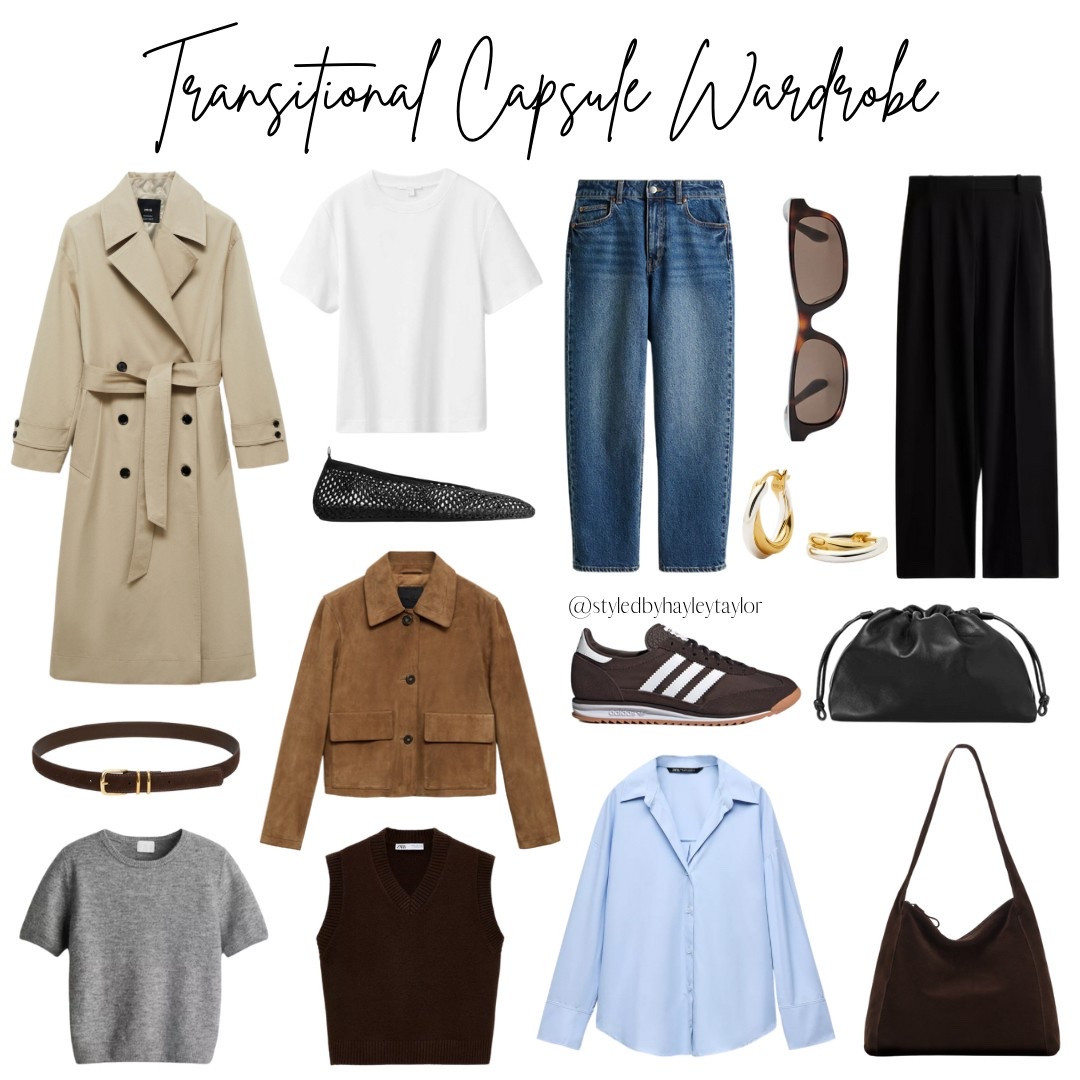 Transitional Capsule Wardrobe 🫶 Trench Coat, Suede Jacket, Blue Shirt, Grey Knit Sleeveless Jumper, Brown Knit Vest Top, White T-Shirt, Blue Jeans, Black Trousers, Brown Adidas, Black Mesh Pumps, Brown Suede Bag, Black Bag, Brown Suede Belt, Sunglasses, Earrings #LTKFashionMonth 

#LTKeurope #LTKspring