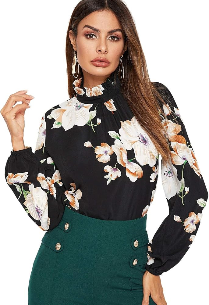 Floerns Women's Floral Print Long Sleeve High Neck Georgette Chiffon Blouse | Amazon (US)