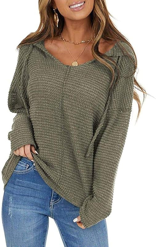 Niceyi Women's Loose Casual Long Sleeve Waffle Knit Sweatershirt Tops with Drawstring Hood Sweatersh | Amazon (US)