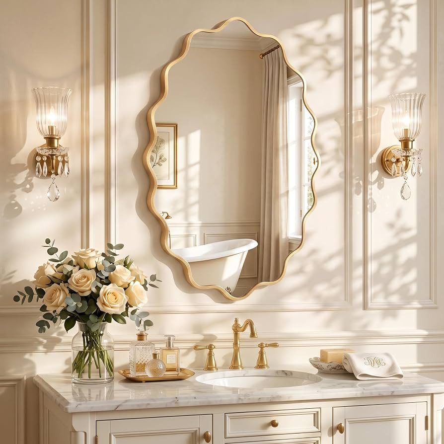 Oval Wavy Wall Mirror-Irregular Bathroom Mirror for Over Sink 22"x30" Gold | Amazon (US)