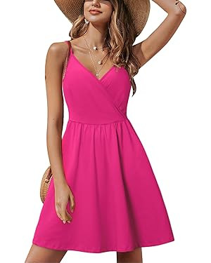 STYLEWORD Womens' 2024 V Neck Floral/Solid Spaghetti Strap Summer Casual Swing Sundress with Pock... | Amazon (US)