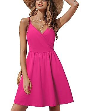 STYLEWORD Womens' 2024 V Neck Floral/Solid Spaghetti Strap Summer Casual Swing Sundress with Pock... | Amazon (US)