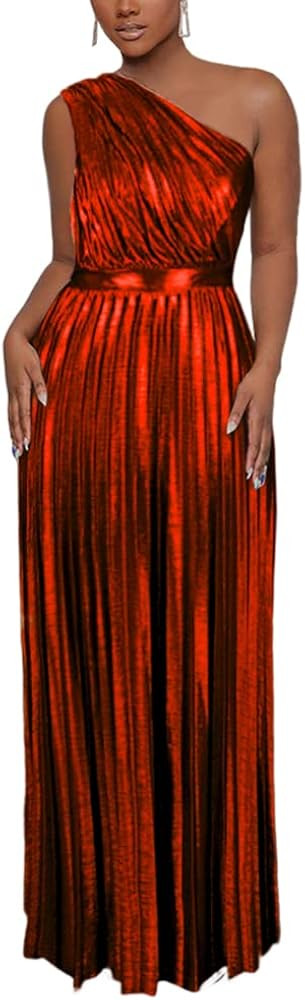 AOMEI Women's Luxury Metallic One Shoulder Sleeveless Elegant Pleated Long Dress | Amazon (US)