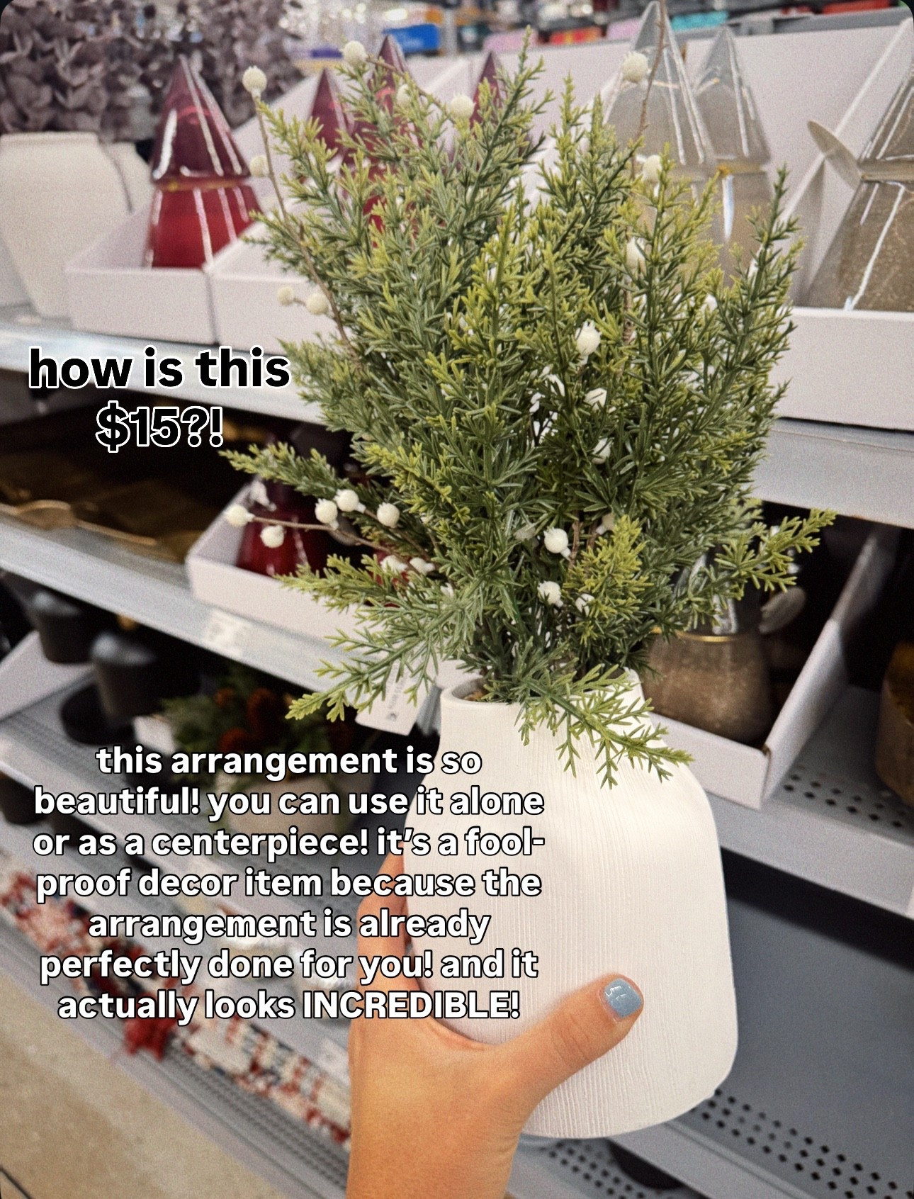 Gorgeous and affordable centerpiece, decor, accent piece, arrangement for this time of year! Also would make a cute hostess gift with a bow tied around it. It’s beautiful now for Thanksgiving if you’re hosting! And then for Christmas you could even add battery operated twinkle lights  