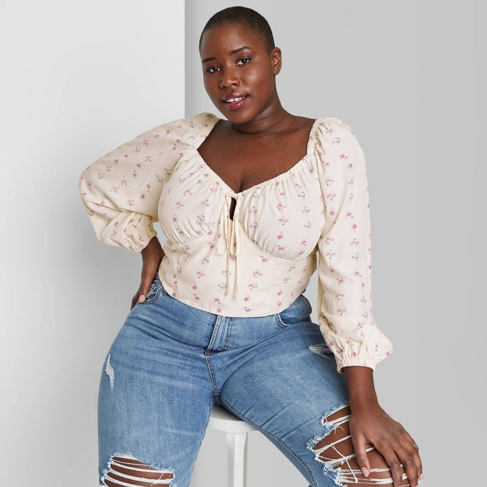 Women's Plus Size Puff Long Sleeve Sweetheart Milkmaid Cropped Top - Wild Fable Off-White Floral 4X | Target