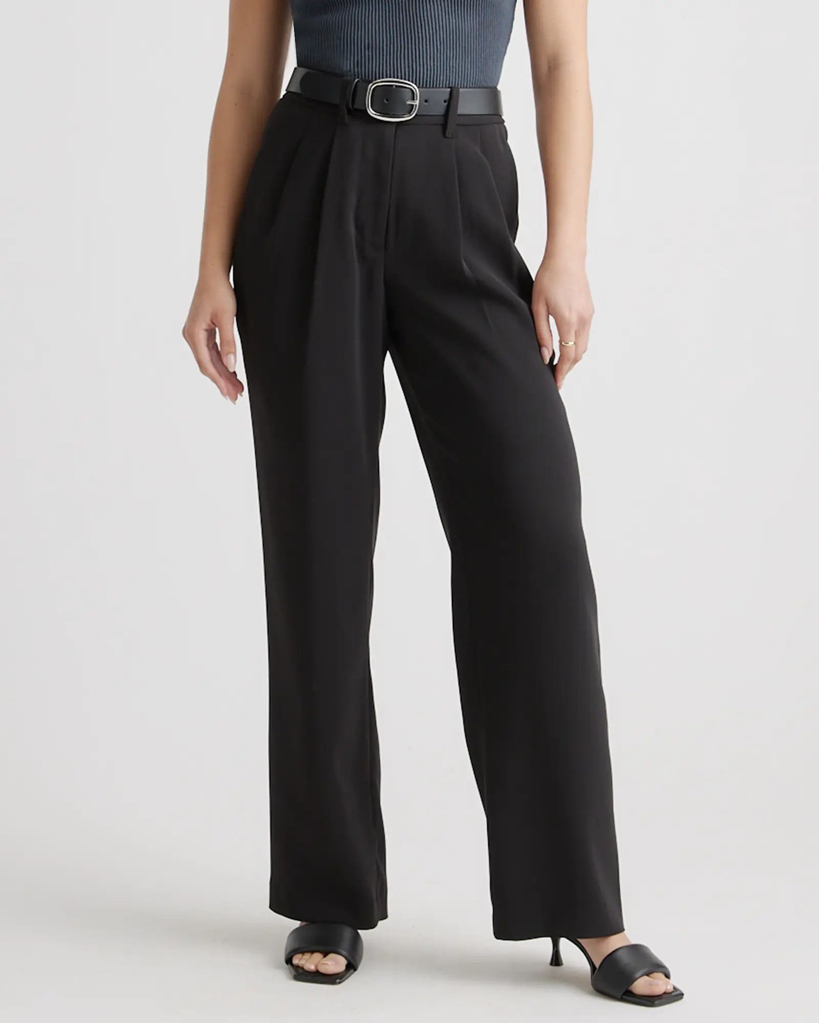 Stretch Crepe Pleated Wide Leg Pants in Black | Quince