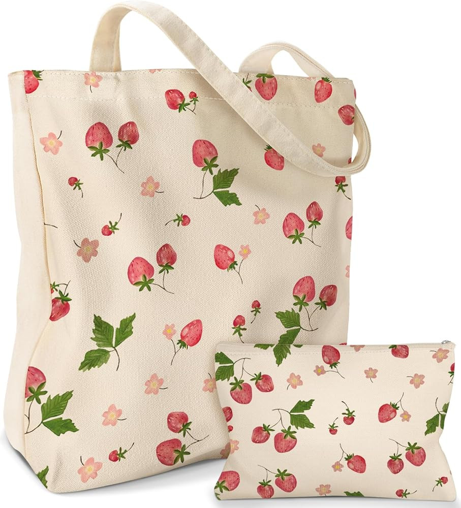 Miss Adola 2 Pack Canvas Tote Bag - with Makeup Pouch Aesthetic Cute Women Reusable Canvas Bag fo... | Amazon (US)