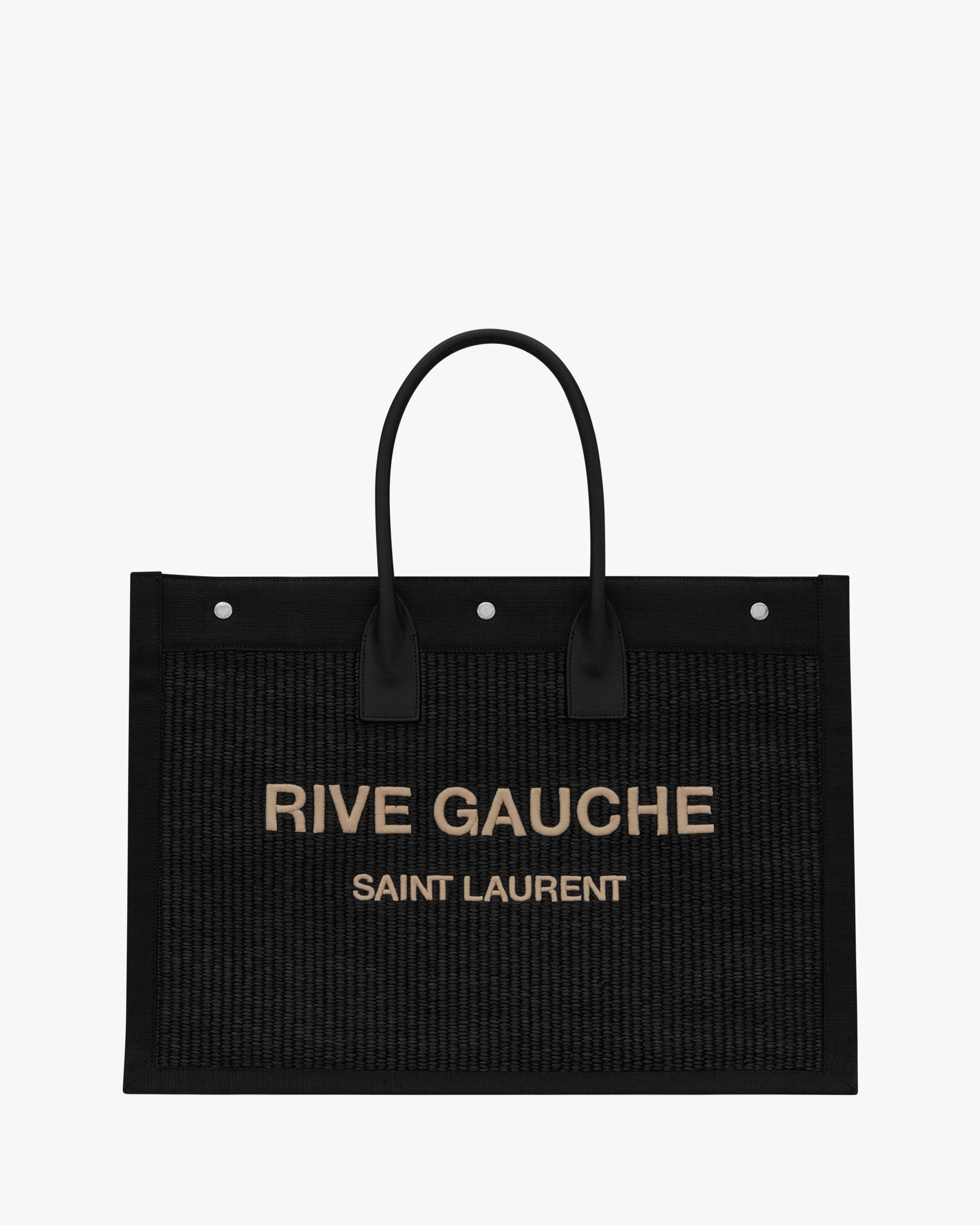 Rive Gauche Large Tote Bag In Embroidered Raffia And Leather Black One Size | Saint Laurent Inc. (Global)