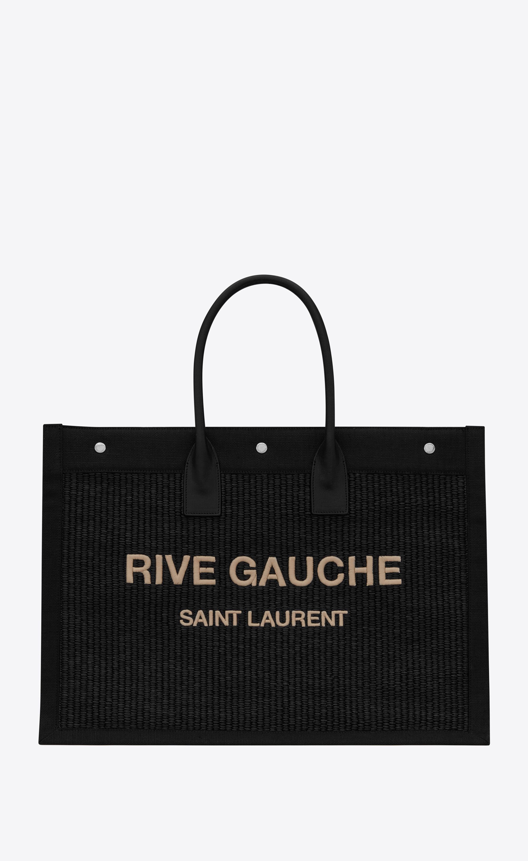 Rive Gauche Large Tote Bag In Embroidered Raffia And Leather Black One Size | Saint Laurent Inc. (Global)