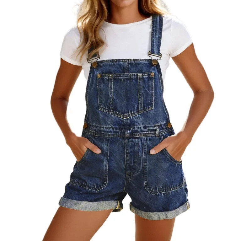 Denim Overall Shorts for Women Stretchy Adjustable Straps with Pockets Cuffed Hem Loose Bib Dark ... | Walmart (US)
