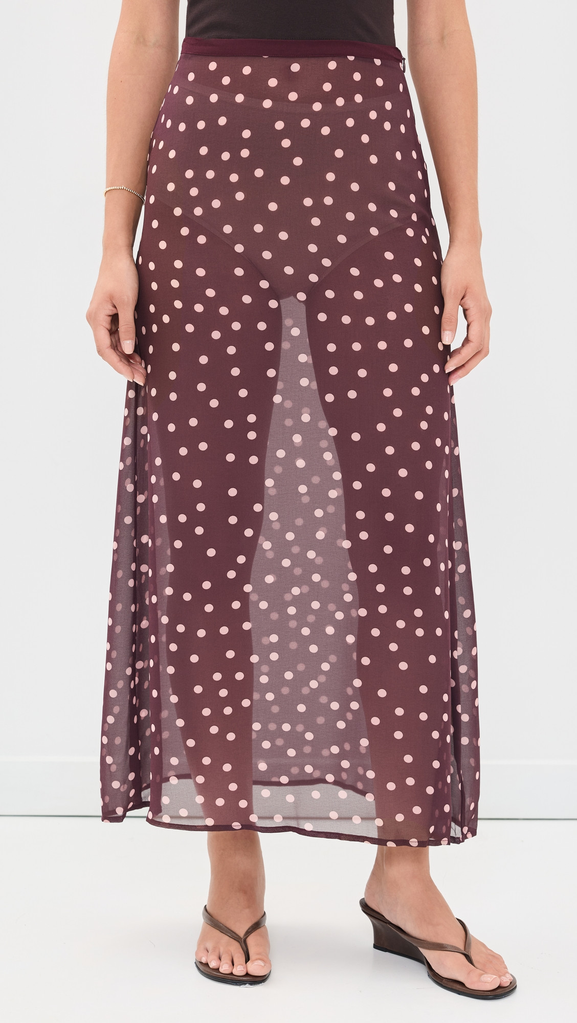 VRG GRL Vilma Sheer Polka Dot Maxi Skirt Wine Polka Dot XS | Shopbop