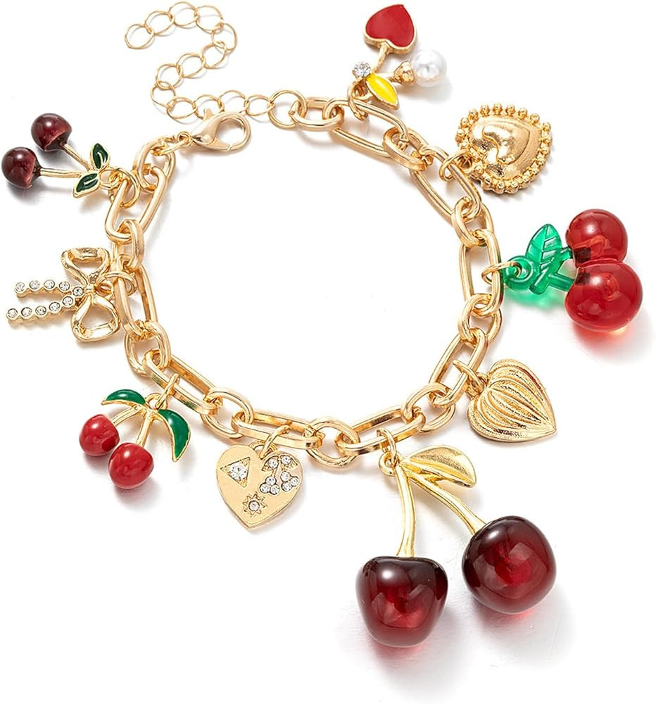 Cherry Bow Heart Charm Bracelet, Gold Chunky 3D Fruit Realistic Enamel Pearl Adjustable Chain Han... | Amazon (US)