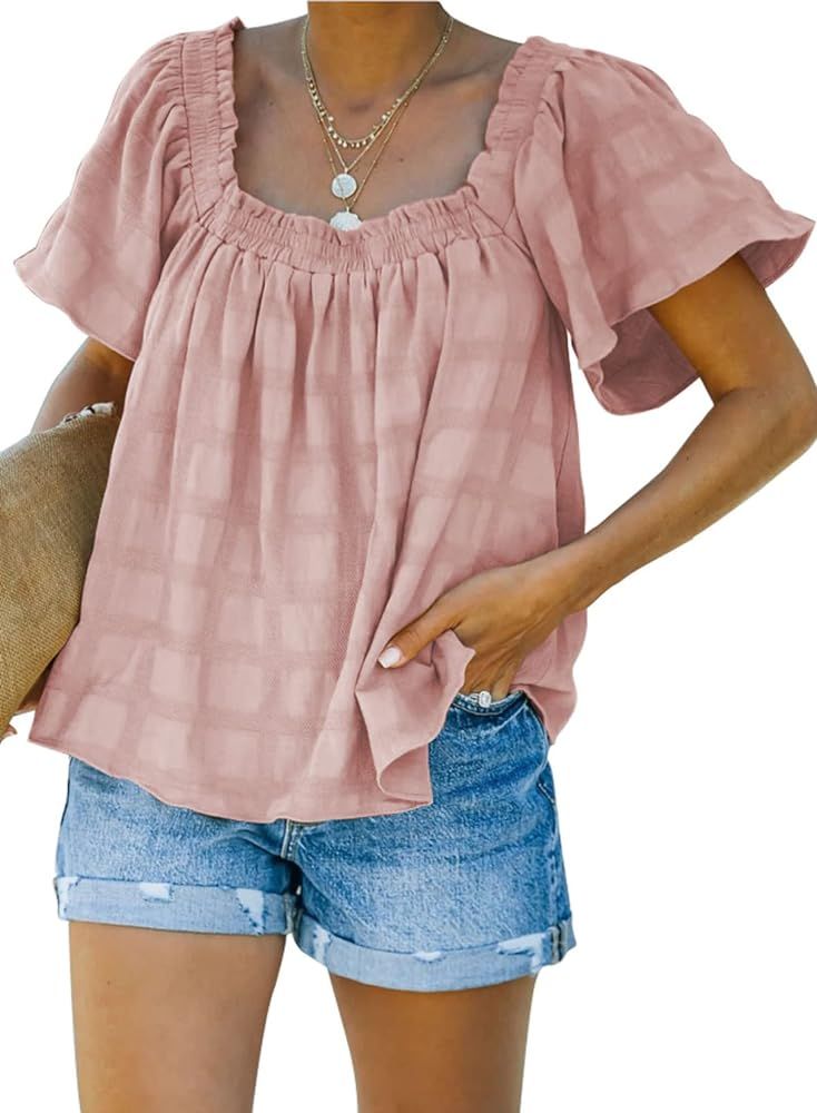 Dokotoo Women's Summer Elastic Square Neck Blouses Casual Short Sleeve Shirts Tops | Amazon (US)