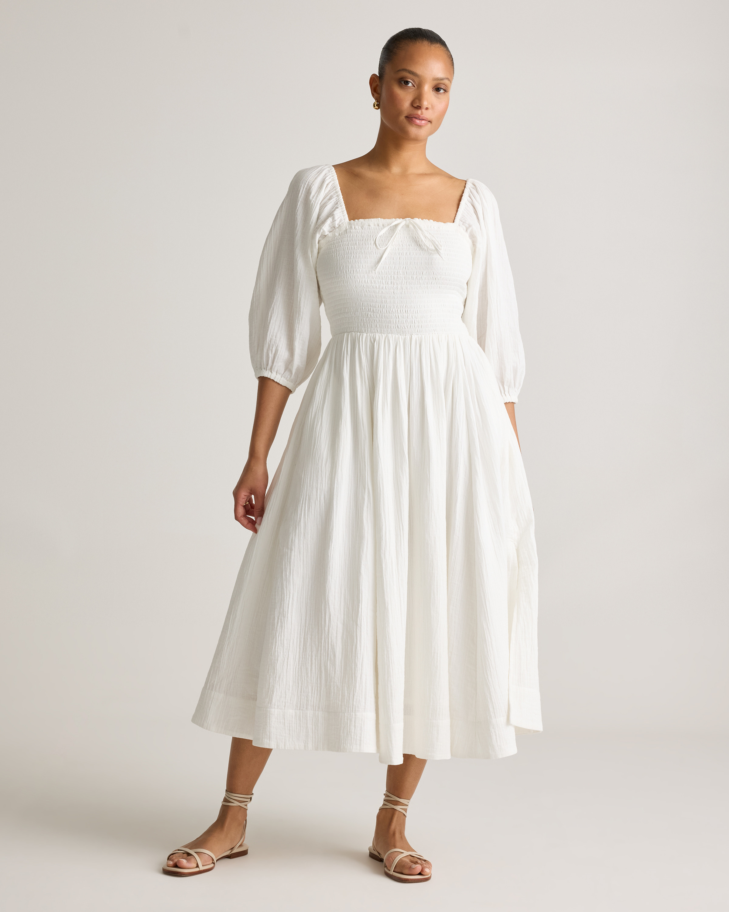 Quince | Women's Gauze Smocked Square Neck Midi Dress in Toasted Coconut, Size Medium, Organic Cotton | Quince