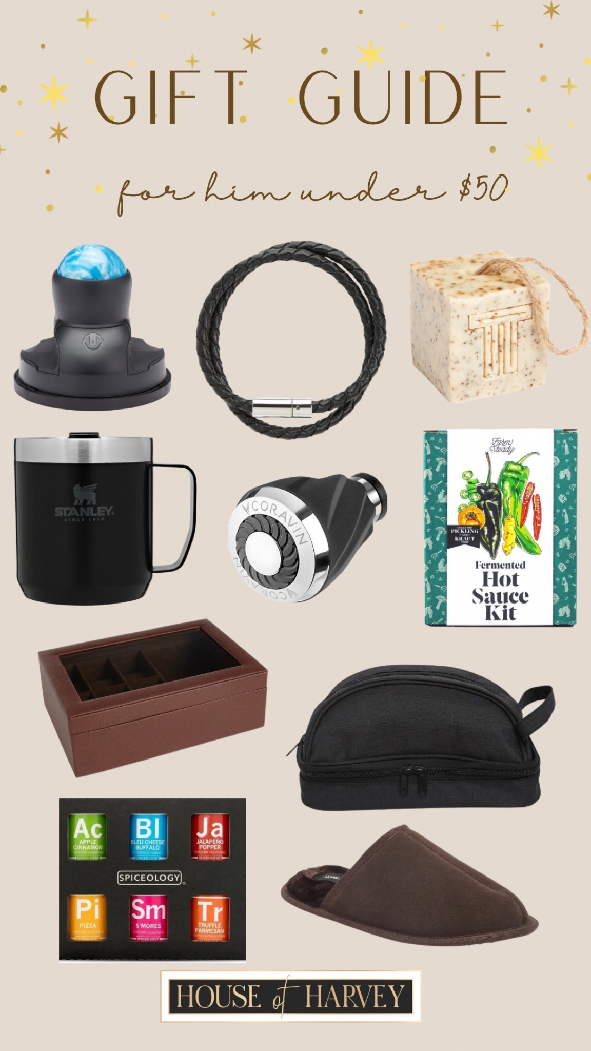 GIFT GUIDE 
gifts for him under $50.00! 

Gift guide, holidays, presents, for him, bracelet, bar soap, mug, wine, gift set, watch box, travel bag, slippers 

#LTKHoliday #LTKGiftGuide #LTKmens