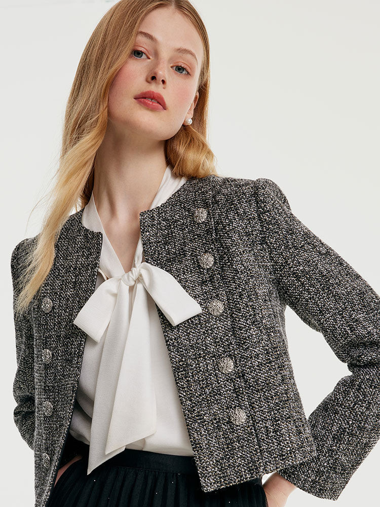 Tweed Double-Breasted Women Crop Jacket | GOELIA