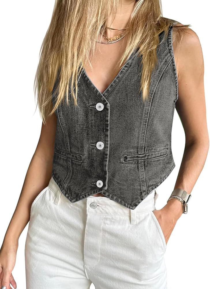 Imily Bela Womens Denim Vest Sleeveless V Neck Button Down Jean Waistcoat Jacket Y2K Summer Crop ... | Amazon (US)