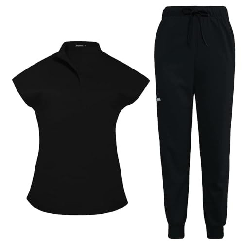 niaahinn Scrubs Set for Women Nurse Uniform Jogger Suit Stretch Top & Pants with Multi Pocket for Nurse Esthetician Workwear (Black, Large) | Amazon (US)