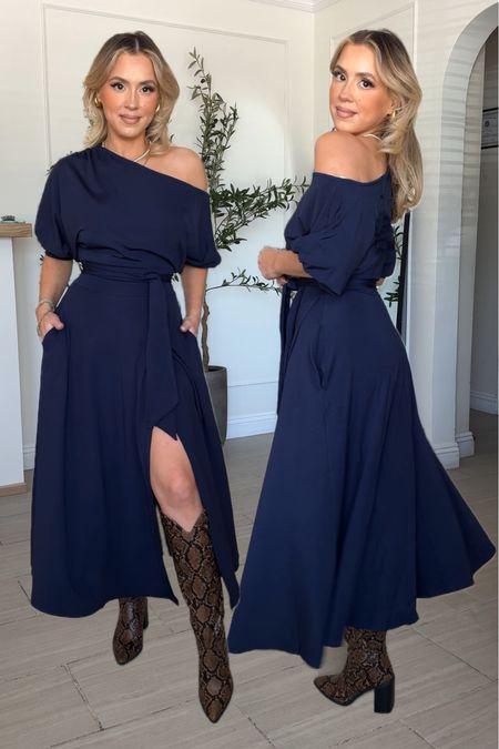 Thanksgiving outfit idea! Navy blue off shoulder A-line dress with slit and matching belt. Wearing size small. 

Has good amount of stretch | size down

#LTKHoliday #LTKstyletip #LTKU