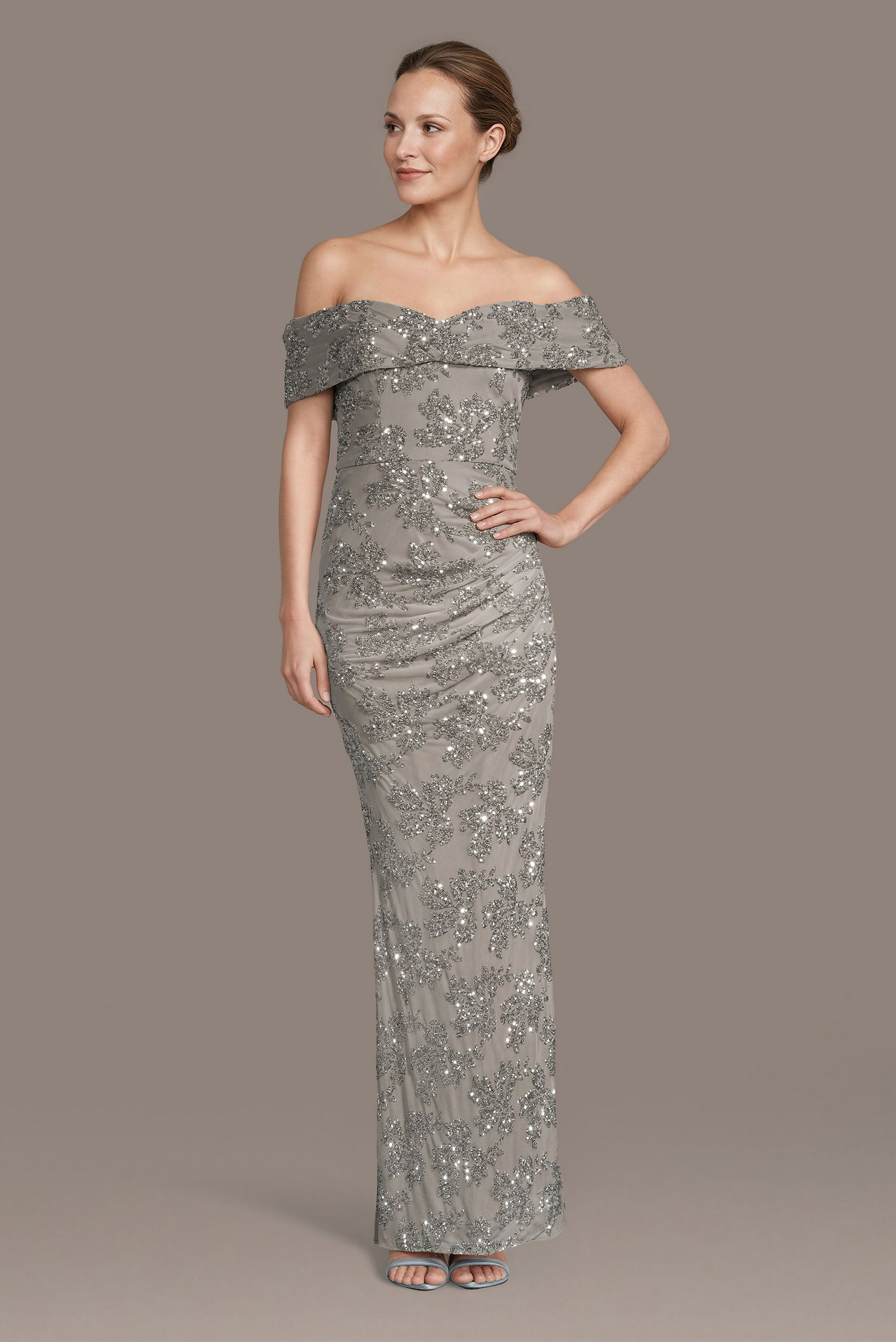 Off-the-Shoulder Pattern Sequin Sheath Dress | David's Bridal