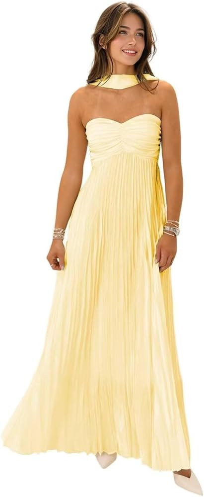 Strapless Bridesmaid Dresses for Women Flowy Chiffon Long Prom Dress A-Line Ruched Formal Evening... | Amazon (US)