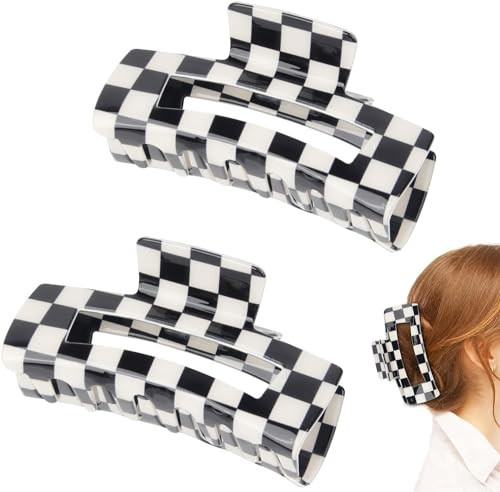 Pretwad Checkered Hair Clip, 2Pcs Checkered Claw Hair Clip - Black and White Rectangle Square Clips, Banana Barrettes for Thick Thin Hair Jaw Clips Hair Accessories | Amazon (US)