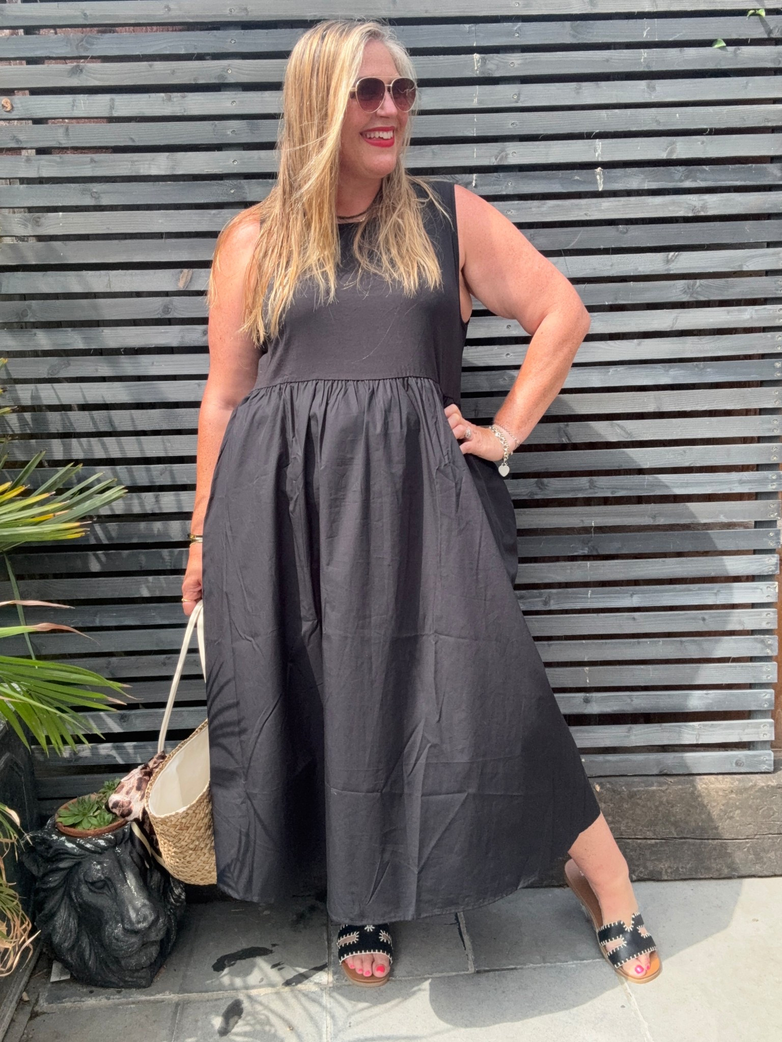 Black summer dress, black sandals, straw bag, sunglasses 

#LTKsummer #LTKplussize #LTKcurves