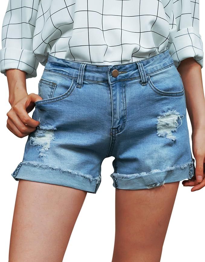 roswear Women’s Ripped Rolled Cuff Mid Rise Stretchy Denim Jeans Shorts | Amazon (US)