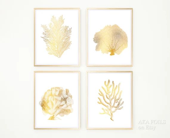 Gold Coral Reef Art - Print Set of 4 - Real Gold Foil Prints - Elegant Nautical Home Decor - Gold Co | Etsy (US)