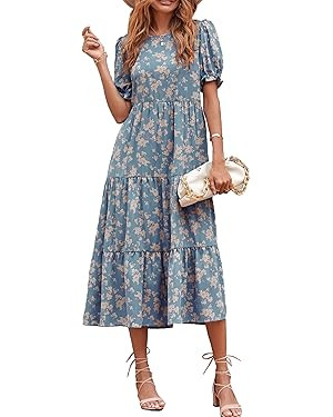 PRETTYGARDEN Women's Summer Casual Boho Dress Floral Ruffle Puff Sleeve High Waist Midi Beach Dre... | Amazon (US)