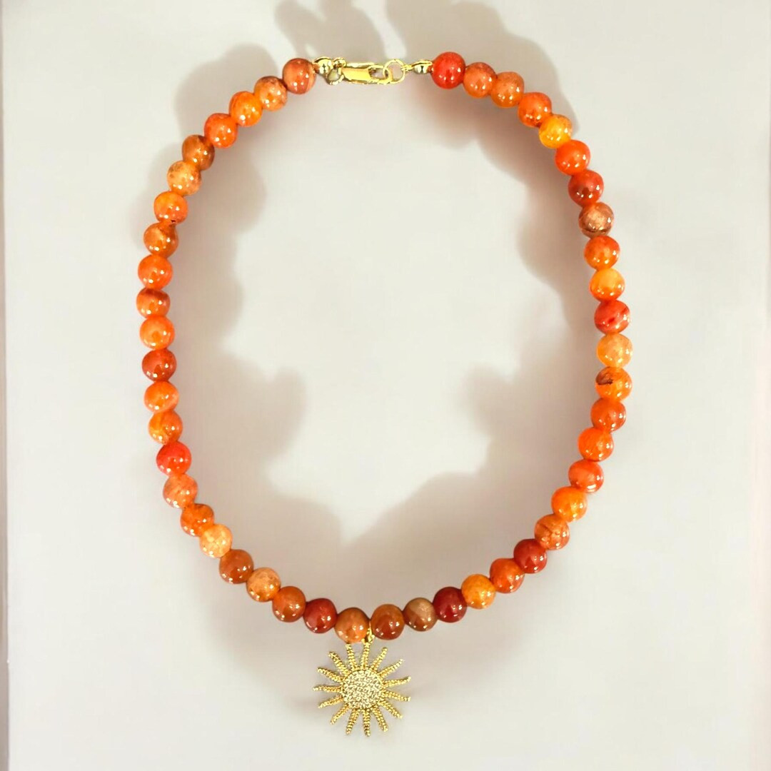 Handmade Orange Agate Necklace With Gold Sun Pendant – 54 Cm Gemstone Beaded Jewelry – Boho S... | Etsy (US)