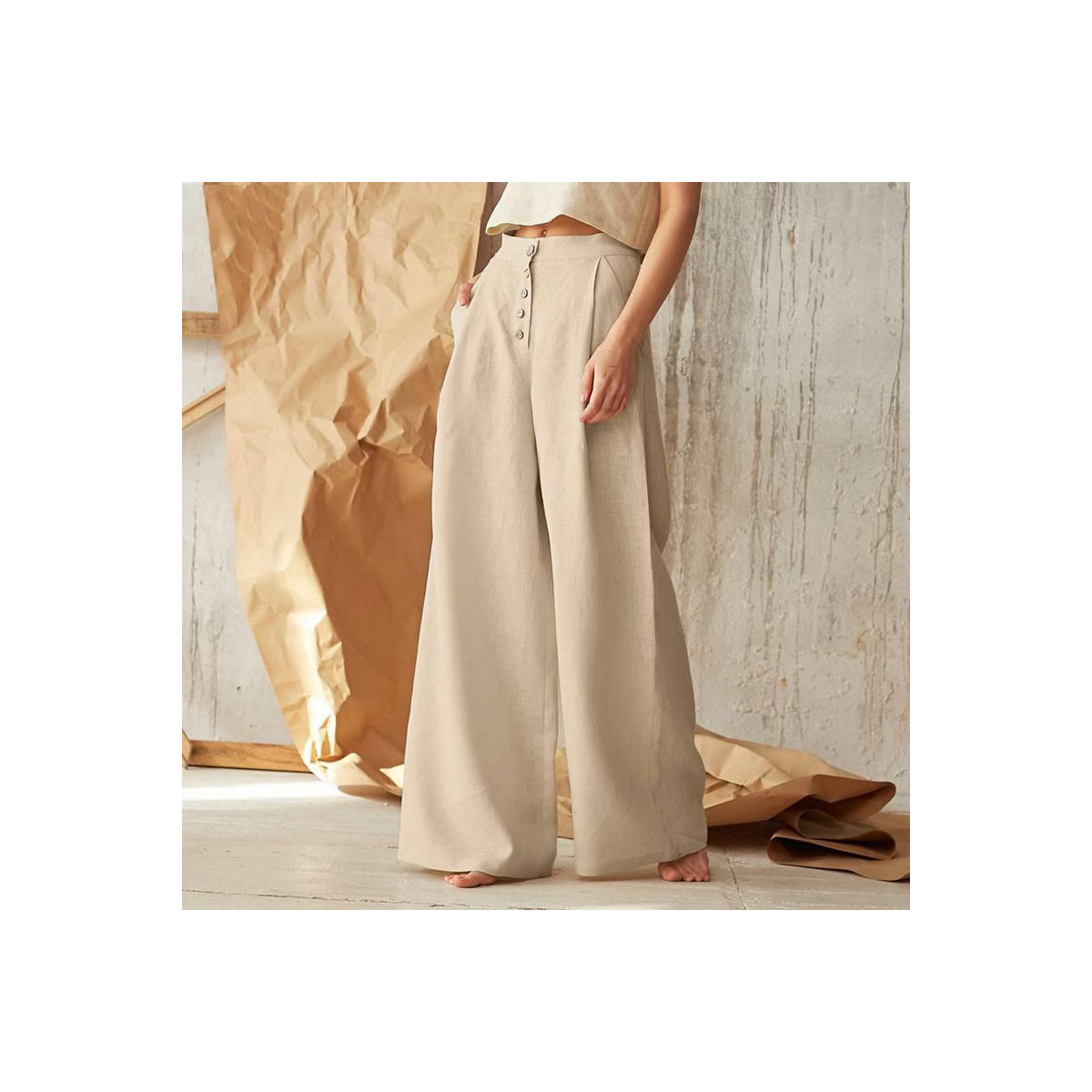 Women's Solid Color High - Waist Casual Button Linen - Cotton Wide - Leg Pants Khaki L | Target