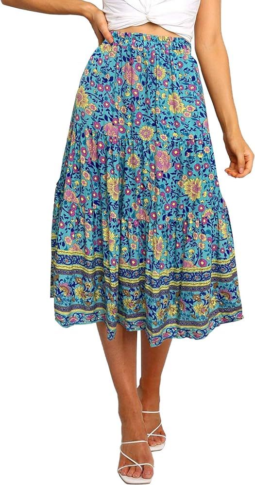 Amazon.com: MEROKEETY Women's Boho Leopard Print Skirt Pleated A-Line Swing Midi Skirts White Lar... | Amazon (US)