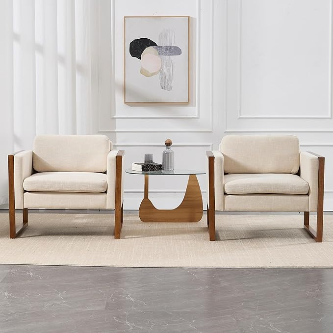 Beige Accent Chair Set of 2 French Country Linen Seat Club Armchair with Brushed Legs Farmhouse U... | Amazon (US)