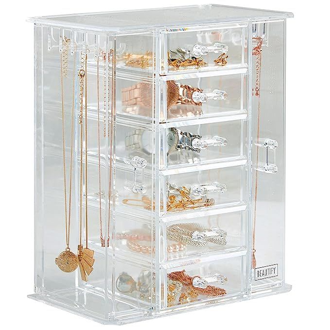 Beautify Clear Acrylic Jewelry Organizer Chest/Makeup Storage Box with 6 Drawers & Hanging Neckla... | Amazon (US)
