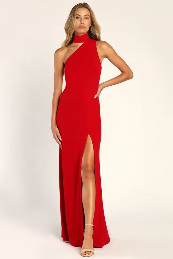 Keep It Interesting Red Asymmetrical Cutout Halter Maxi Dress | Lulus