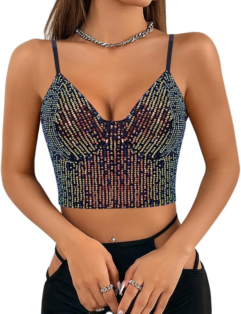 Vimoisa Women Reflective Metallic Tank Top Bustier Spaghetti Strap Crop Top Tight Sleeveless Tube... | Amazon (US)