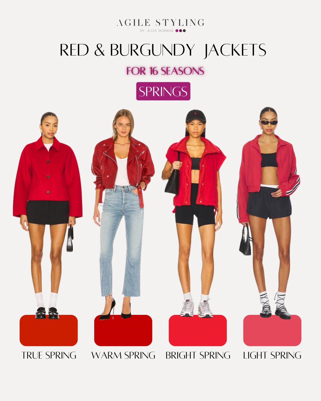 Why color analysis matters
Color analysis helps you choose shades that actually work with your natural features — not against them.
The right colors make you look fresh, balanced, and put together.
The wrong ones can overpower you, wash you out, or feel “off” even in the most beautiful outfit.

About this collection
This is a curated edit of red and burgundy jackets for all 16 seasons.
Same color family — completely different results.
Each shade is selected to match a specific season, so red looks intentional, flattering, and effortless.

When the color is right, you don’t notice the color first —
you notice you ❤️‍🔥

#LTKBeauty #LTKdayinmylife #LTKSeasonal