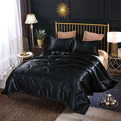 NTBED Silky Satin Comforter Set Queen Black, Soft Lightweight Microfiber Luxury Sexy Quilted Bedding Sets with 2 Matching Pillow Covers for Summer Spring Autumn | Amazon (US)