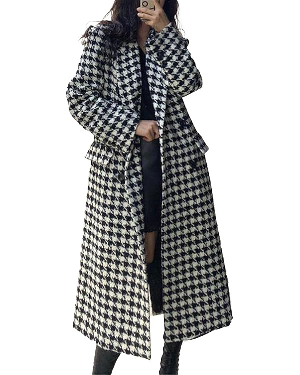 SOMTHRON Women's Houndstooth Trench Coat Notch Lapel Double Breasted Quilted Lined Long Jacket Ov... | Amazon (US)