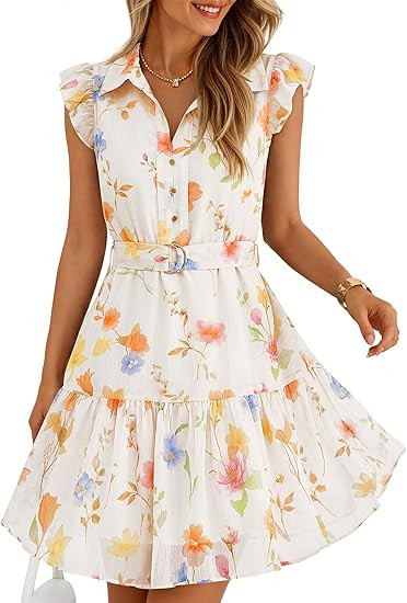 ZESICA Womens Summer Boho Floral Mini Dress 2026 Flutter Short Sleeve Button Chiffon A Line Beach... | Amazon (US)