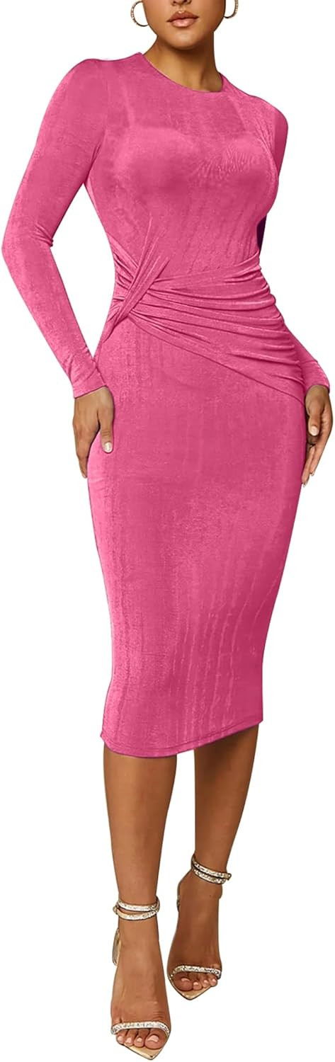 Ekaliy Women's Crew Neck Long Sleeve Ruched Bodycon Dress Casual Twist Front Stretchy Wrap Cockta... | Amazon (US)